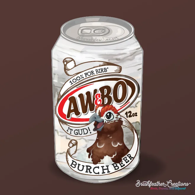 A soda can root beer / birch beer parody referencing several popular brands. The logo is stylized like A&W, but stretched to say AWeBO with the E in the place of the usual ampersand. The background of the can is a faint birch bark print. There is a white ribbon wrapping around the logo and the mascot at the bottom in the fashion of the older barq's root beer cans with the illustrated styling. Flavor text on the ribbon reads, from top to bottom: 
