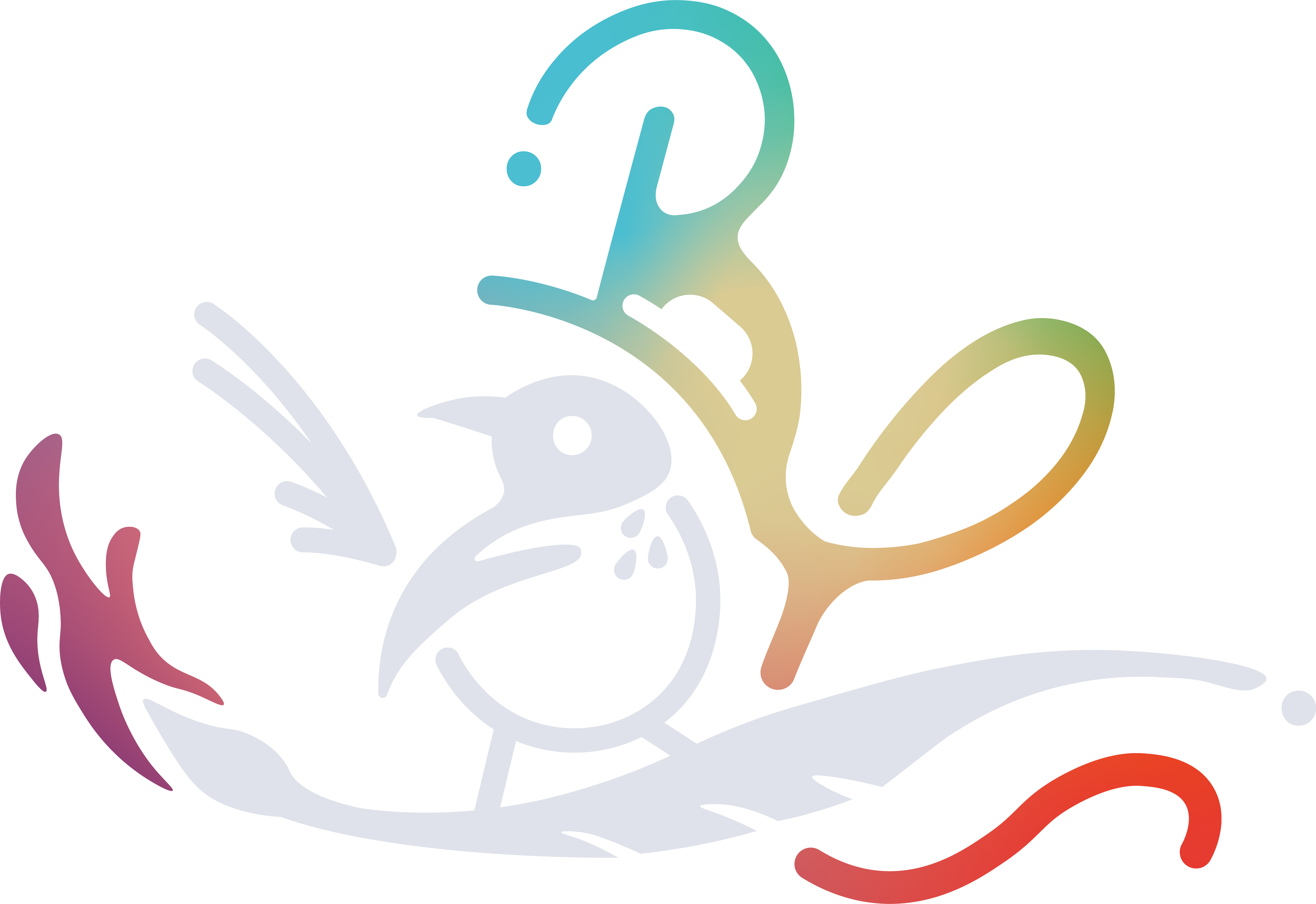 IThe brushfeather creations logographic: a script B and C with an embedded hat-wearing bird riding a floating feather brush.