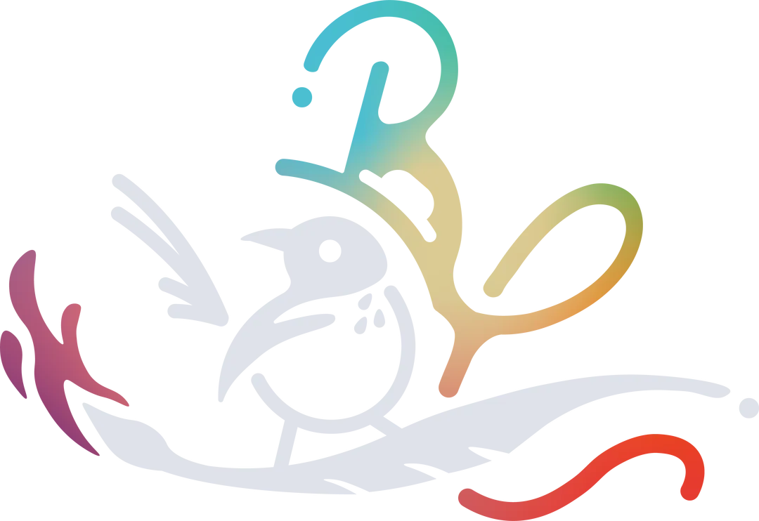 IThe brushfeather creations logographic: a script B and C with an embedded hat-wearing bird riding a floating feather brush.