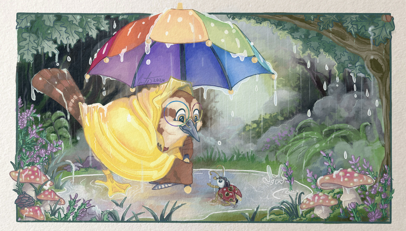  An anthropomorphic carolina wren holds a rainbow umbrella over a ladybug friend, surrounded by a rainy summer forest. She wears a yellow raincoat with matching 