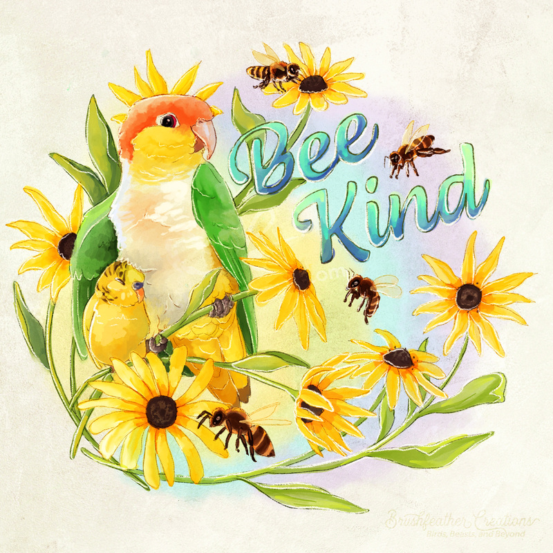A digital watercolor painting of a white bellied caique with its wing over a yellow budgie. The two are perched on an array of black eyed susans, and the budgie is comfortably asleep. There are 4 honeybees buzzing harmlessly around them. To the right it reads 