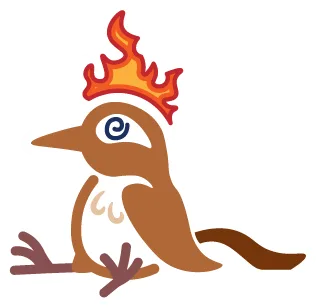 A simple line graphic of Brushfeather the carolina wren in navy blue with rainbow accents. She's wearing a hat, rainbow glasses, and holding up a glowing stylus while smiling/talking.