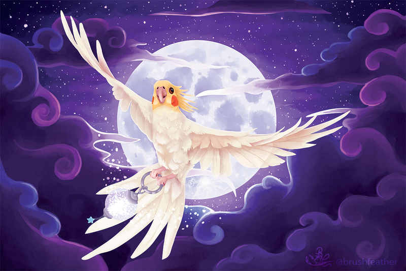 A digital painting with an overall purple tone. A white and yellow cockatiel contrasts against a purple partially cloudy night time landscape with a silver full moon behind them. They carry a glass and silver lantern glowing with tiny star specks as they fly through the night sky with a light smile on their beak.