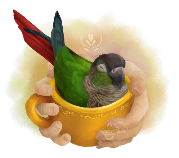  A digital painting of a green cheek conure nestled in a large gold mug, held in two Caucasian hands. His eyes are contentedly closed. 