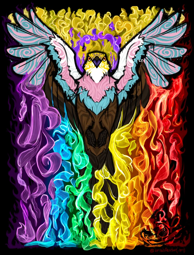 Digital painting: A spray paint-like, street art-inspired Phoenix rising in flames that compose the pattern of the intersex inclusive pride progress flag. The Phoenix itself forms the trans and poc banner on the flag with a stylized yellow and purple head patch echoing the intersex portion behind it. The colors of the bird are banded in stylized stripes and swirls, reminiscent of the vibrant swirl-styled fire.