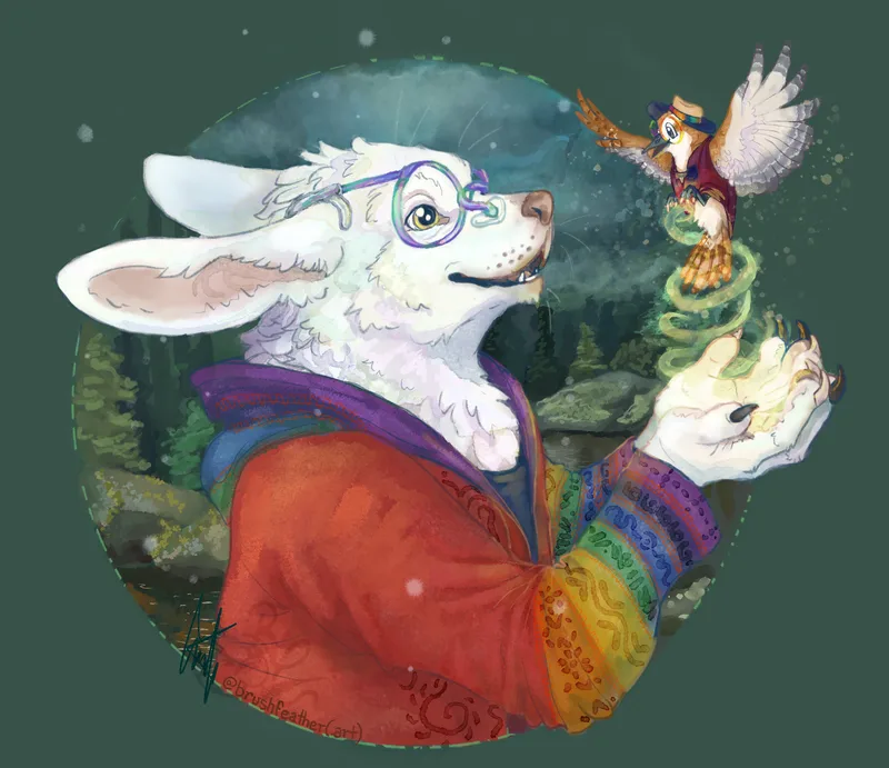 Digital painting in a watercolor style: A large anthropomorphic creature casts a small one into being. The large creature on the left smiles softly, cupping her hands and gazing at her creation. She has white fur with a slight iridescence and mottled pink and tan skin tones around her nose, in her ears and on her palms, with a mixture of dark and light claws to match. Her ears are back-facing and hare-like with a combination of canine and feline-like facial features and a short muzzle.  She wears rainbow metal glasses for custom to get muzzle and ear shape and a rainbow patchwork hoodie with a red base and ornamental etchings. The creature she has conjured, rising from a swirling, sparkling mist in her hands, is an anthropomorphic Carolina Wren with her wings spread wide and feet tucked against her chest, wearing a tan and navy panama hat, rainbow glasses, a burgundy vest and blue toeless socks. The two are partially framed by a circle depicting a mountain forest scene on a misty, foggy day. 